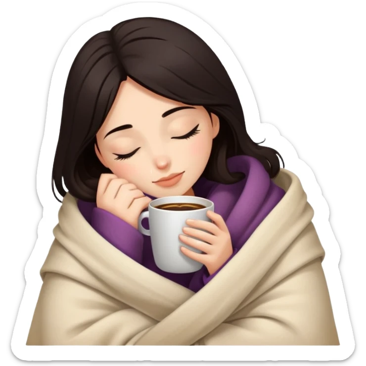 Girl with dark hair snuggled in warm blanket enjoying coffee with peaceful closed eyes sticker