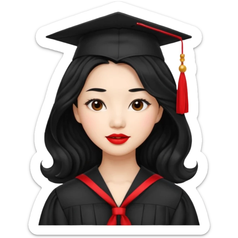 Graduate asian black hair with wavy hair long  with red stash  sticker