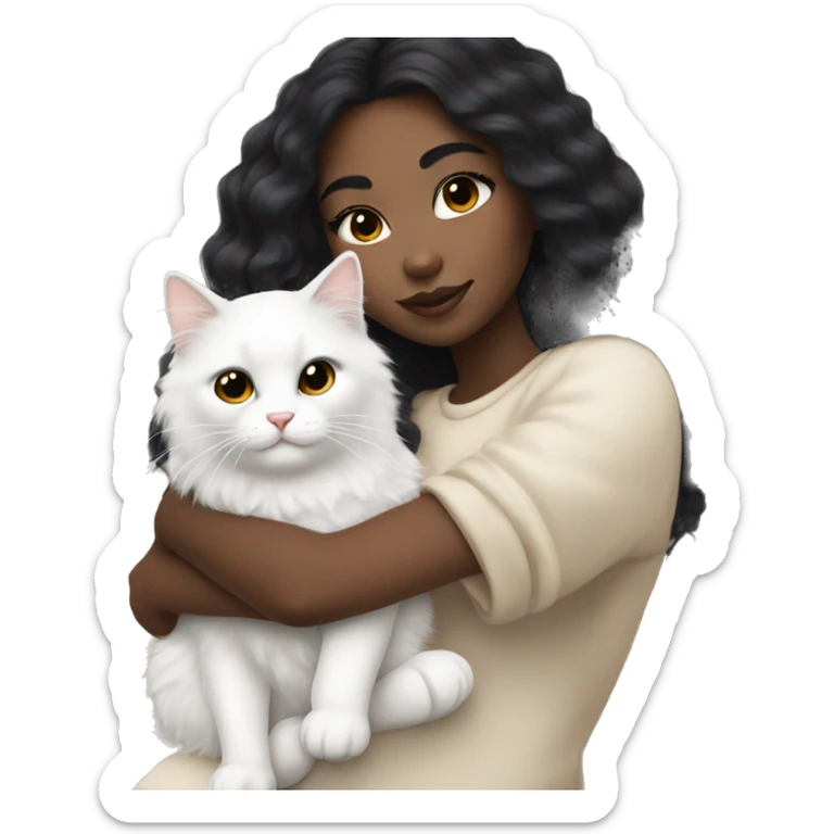 Emoji girl with beautiful makeup, light skin, long black hair, holding and cuddling a white fluffy cat sticker