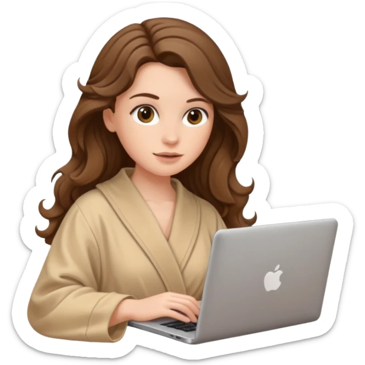 make a picture in ios 18 style of a white girl with brown long wavy hair wearing beige robe and working on a laptop sticker