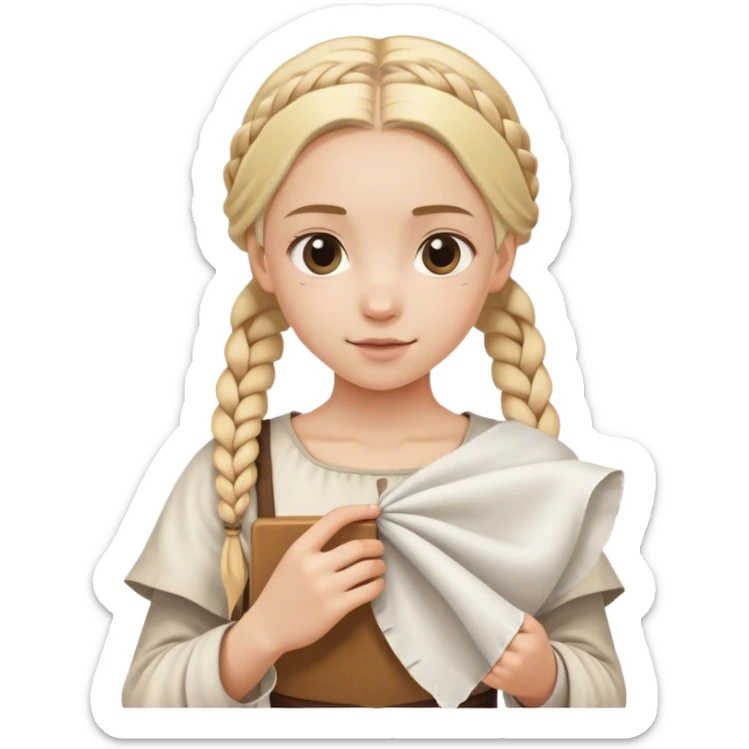 girl with blond braids holding a white square of cloth, medieval age sticker