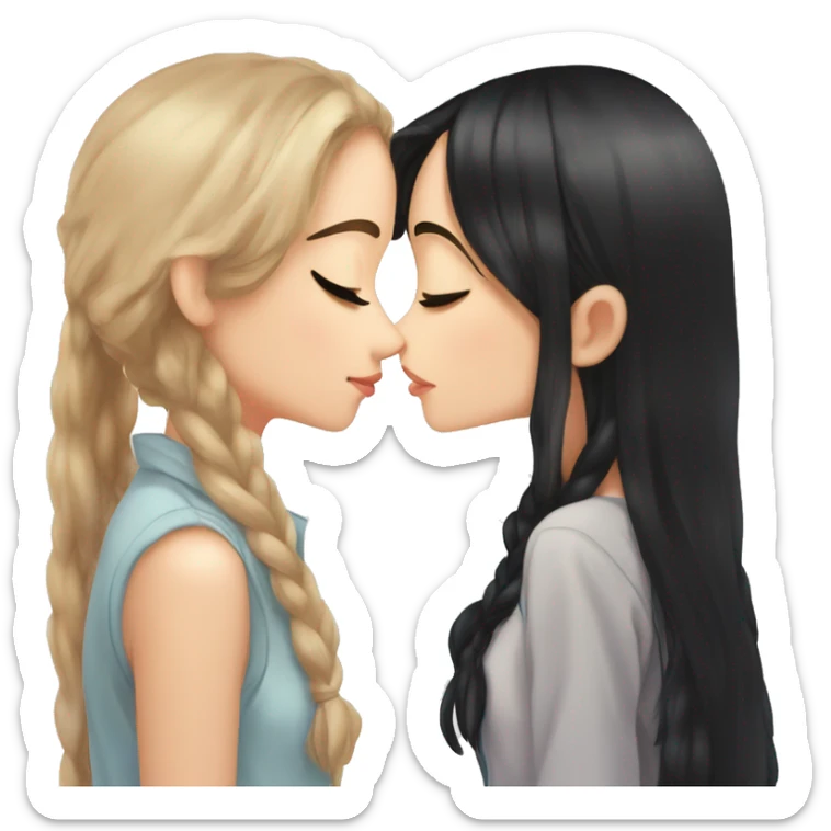 two cute anime brunette girls kissing on the lips. By brunette I mean the both have long black hair, both of their hairstyles are down. One of the girls has freckles. Super cute anime style. sticker