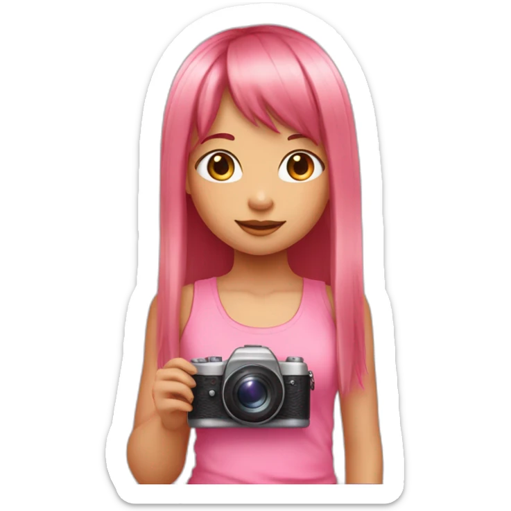 cute girl with long, straight rose hair with bangs and holding camera and wearing pink tank top sticker