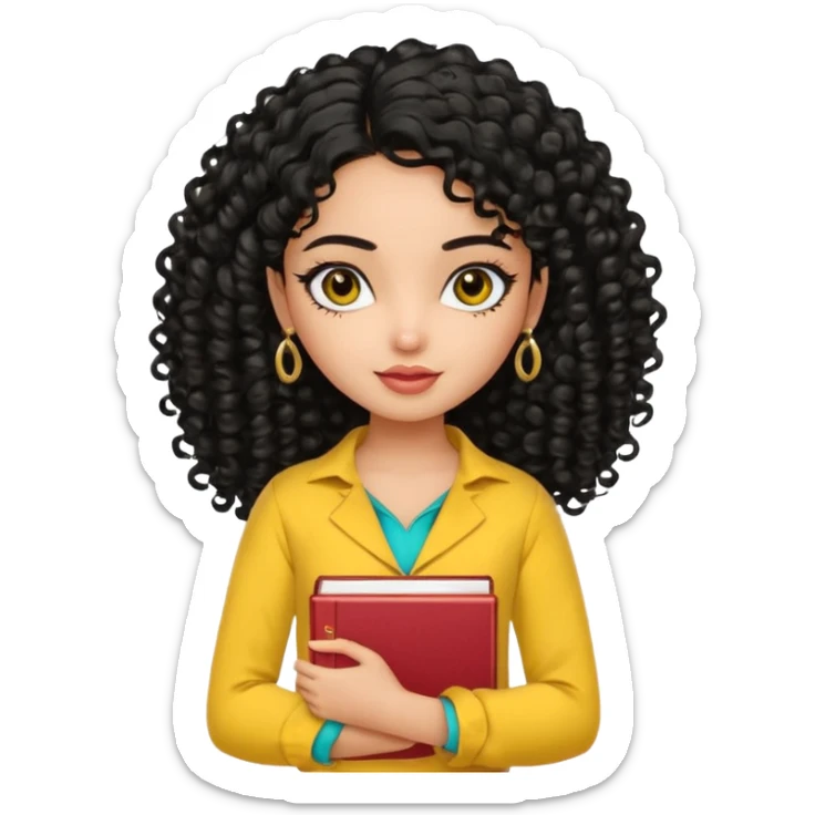 a pretty bratz girl with curly black hair wearing a yellow kurti, eyeliner, jhumkas, carrying books sticker