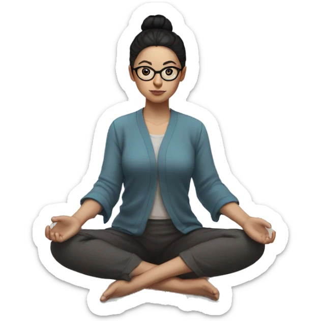 White skinned girl with glasses and a bun with black hair, meditating on the floor sticker