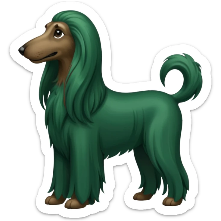 dark green dog extra furry afghan hound. The dog fur is totally dark green sticker
