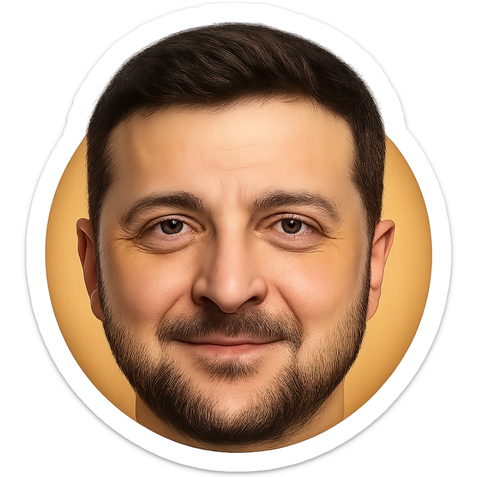 portrait of Vladimir Zelensky as a round face emoji with highly detailed and accurate facial features, realistic hair and beard, expressive eyes, friendly expression, high quality sticker