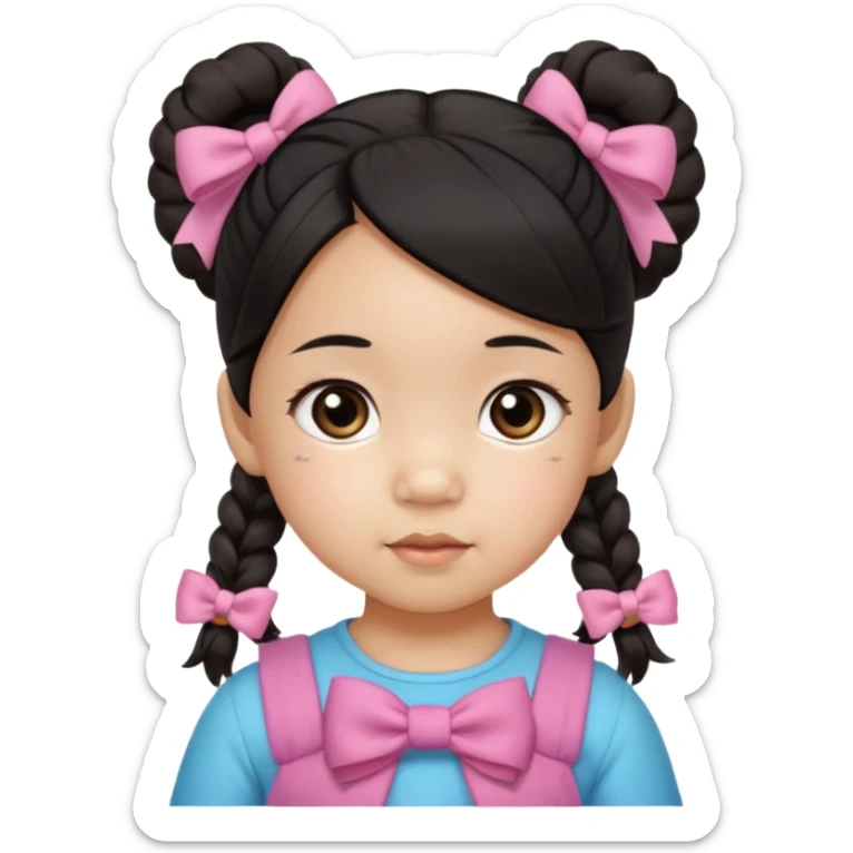 mixed toddler girl asian and american with bow pigtails, dark brown/black hair with big brown eyes sticker