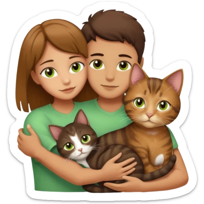 Crea un emoji donde salga un chico moreno con los ojos claros, una chica morena con los ojos marrones y un gato europeo comun de pelaje oscuro y ojos verde claro, quiero que se esten abrazando y el gato este en el medio de los dos sticker