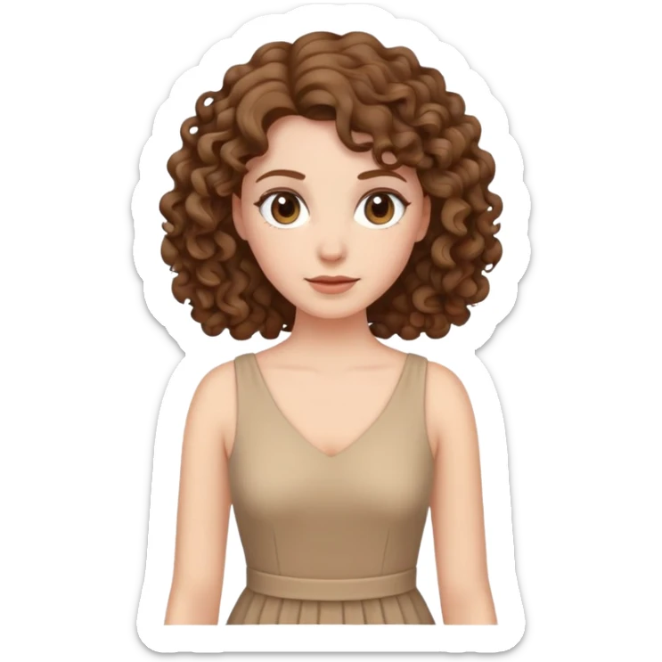 white woman with curly brown hair wearing a beige dress sticker
