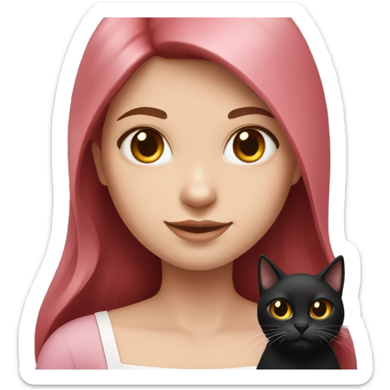 Long Dark Red hair, white skin wearing pink dress girl who is holding a black cat sticker