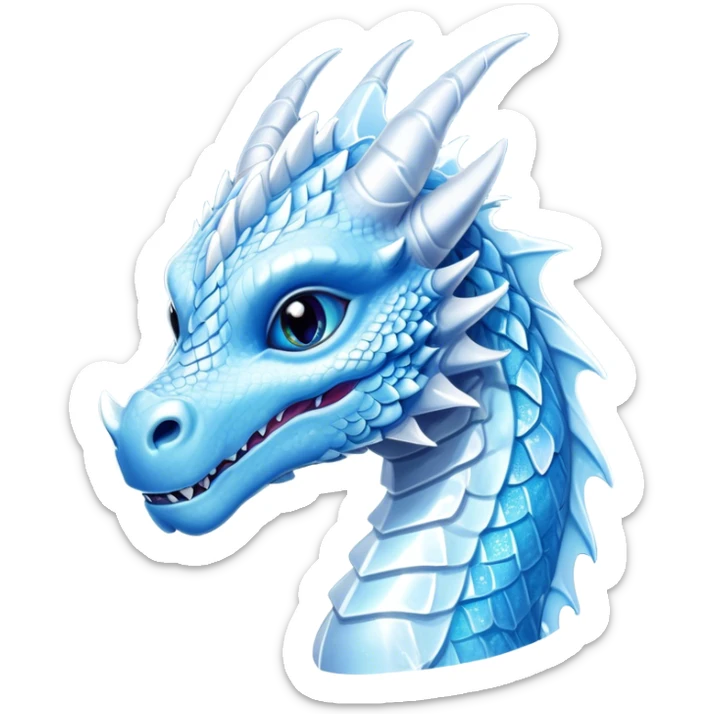 Cinematic Cute Beautiful Ice Dragon Portrait Emoji, Head tilted playfully and inquisitively, featuring a sleek, glacial form with intricately detailed, frost-kissed scales in shimmering blues and sparkling silver, accented by delicate ice crystal patterns and a gentle, enchanting glow; rendered with lifelike clarity and soft, natural light, high shine, charming and cool, styled with a touch of wintry fantasy, soft glowing outline, capturing the essence of a mischievous yet endearing ice guardian poised to twirl playfully into your dreams! sticker