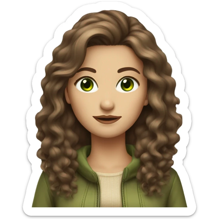 woman long medium brown voluminous hair with green eyes beige skin and hot outfit sticker