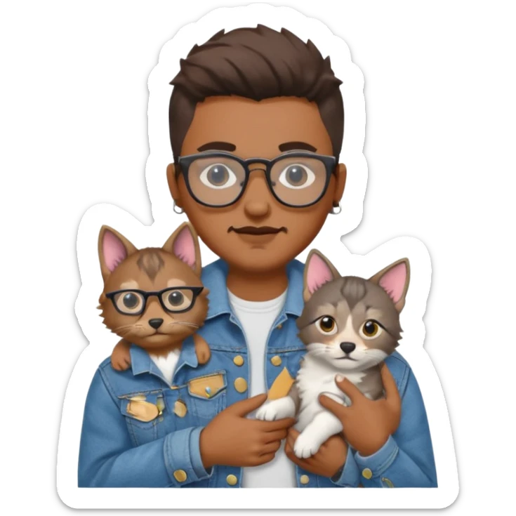 Glasses and mustach holding a kitten, the person should be brown and have a wolf cut mullet sticker