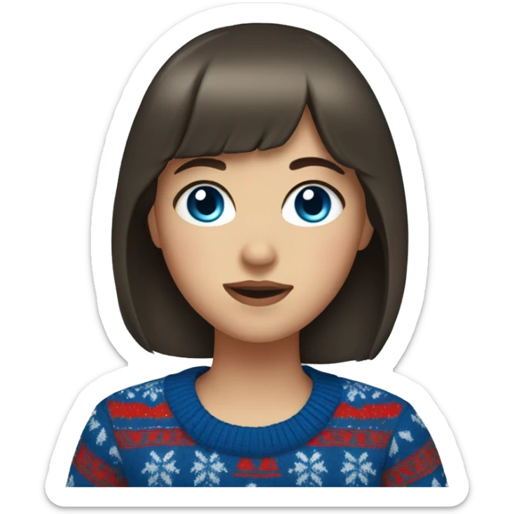 A girl with bangs of dark brown hair and blue eyes in a Christmas sweater sticker