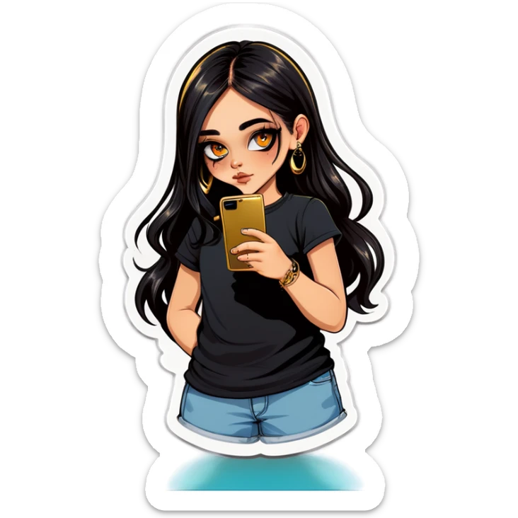 Beautiful young girl with a little with and dark choppy long hair flows as she holds her black phone with a gold septum ring that shines  sticker