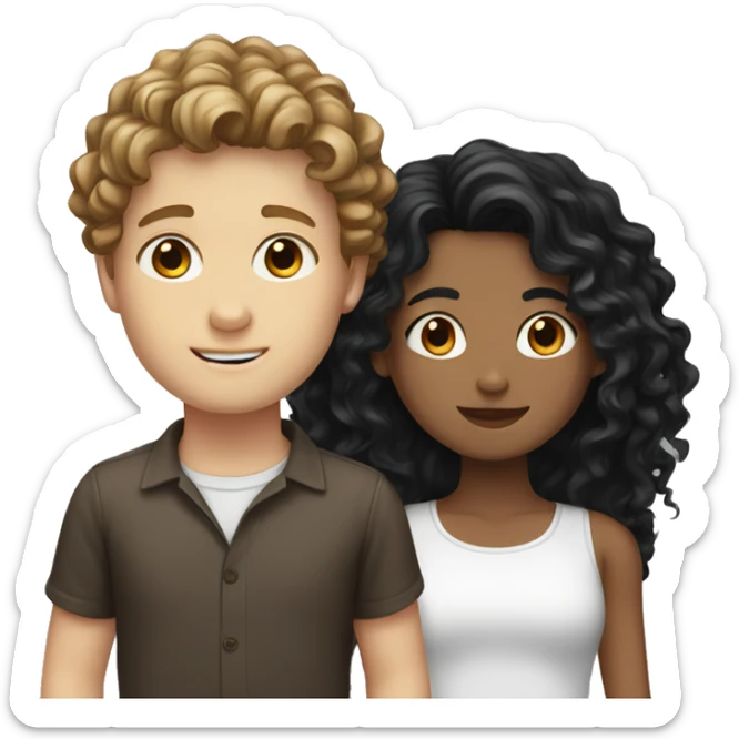 white boy with brown wavy hair and white girl with long black curly hair sticker