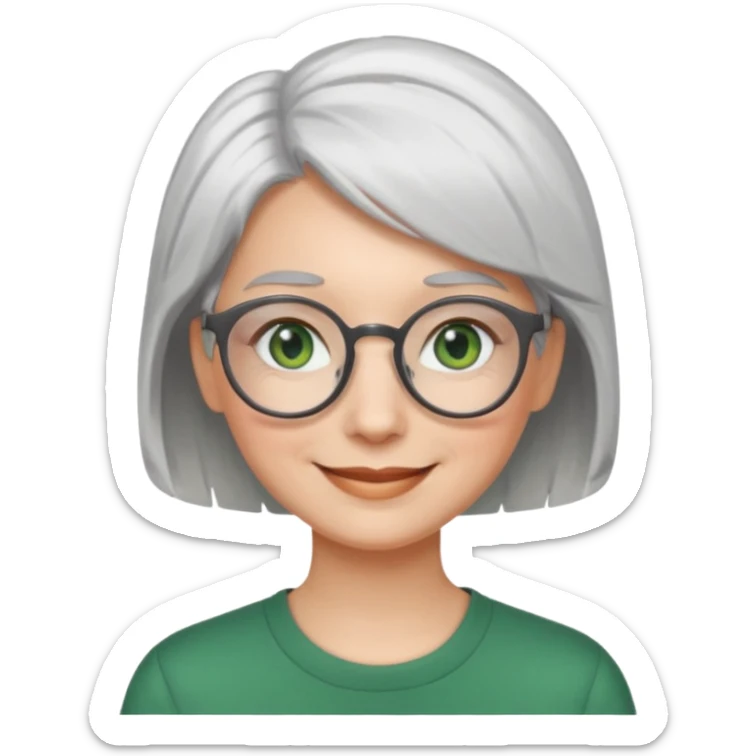 visage femme a lunettes ronde avec cheveux courts gris-blancs aux yeux verts qui souris sticker