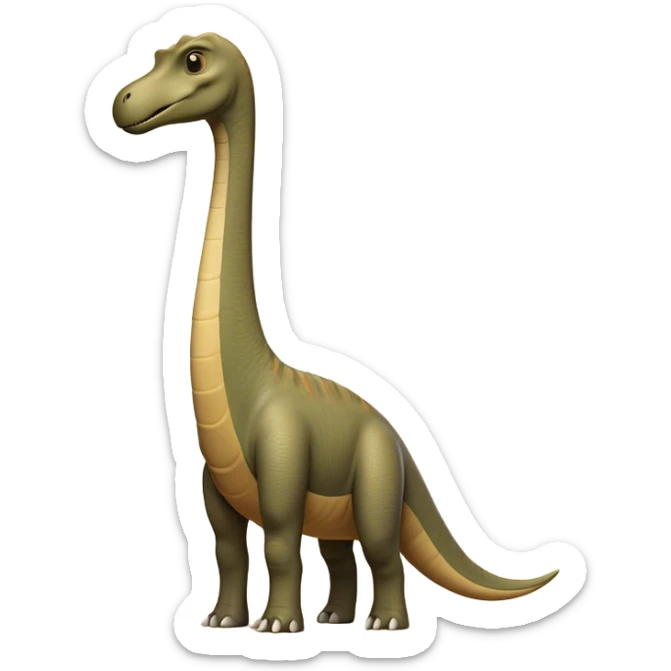 Cinematic Noble Brachiosaurus Portrait Emoji, Poised and majestic, with a towering, elongated neck stretching gracefully from a robust, column-like body, a small, gentle head with curious eyes, and subtle, textured skin in earthy tones, Simplified yet sharply defined features, highly detailed, glowing with a soft, golden radiance, high shine, intelligent and serene, stylized with an air of prehistoric grandeur, focused and calm, soft glowing outline, capturing the essence of a watchful and confident Brachiosaurus that appears ready to gracefully emerge from the screen with effortless power! sticker