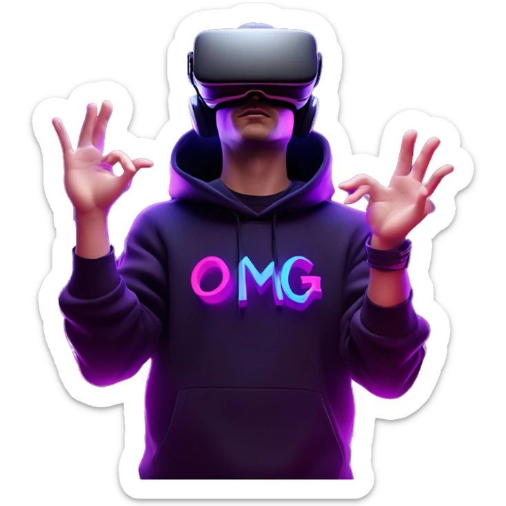 Russian man wearing a black hoodie with "OMG" letters on it and VR headset oculus quest 2 in a cyberpunk VR environment with violet neon lighting. Showing direction with hand sticker