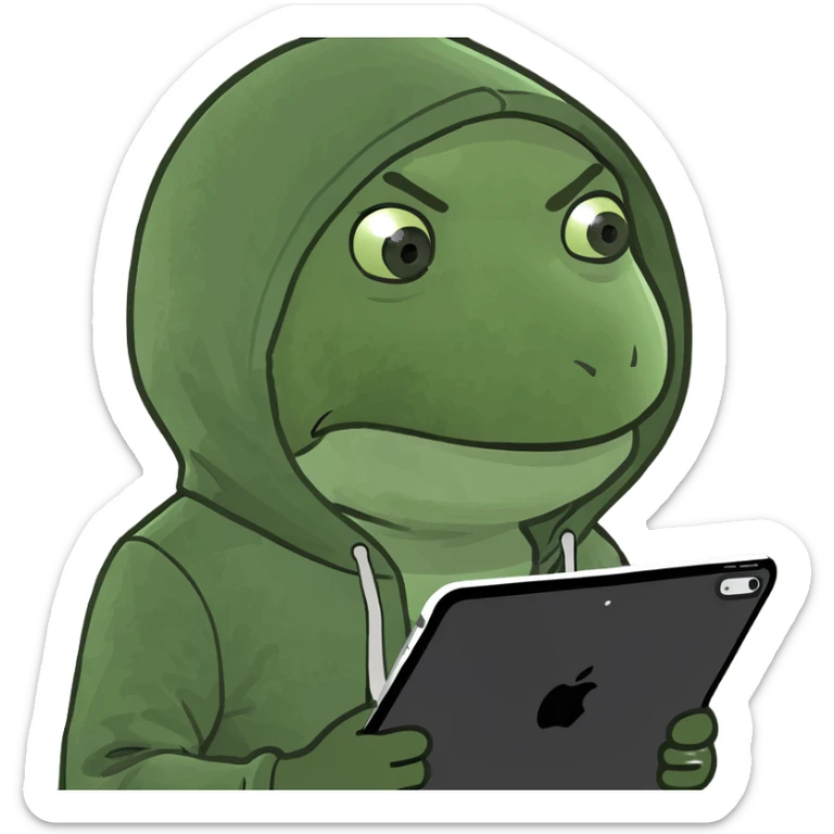 a man wearing a hoodie holding an iPad, memoji style sticker