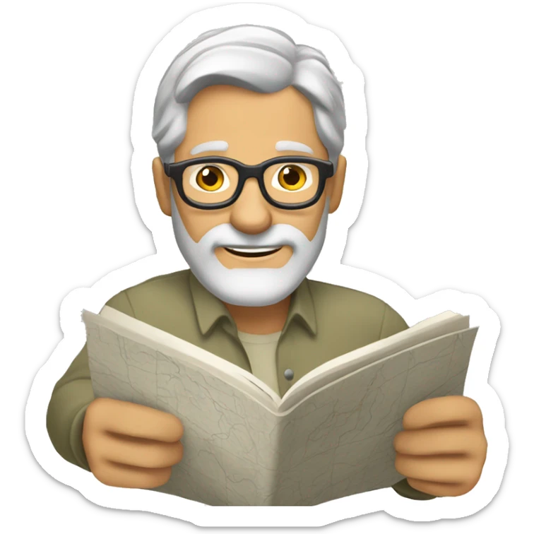Mature man with tanned skin gray hair and beard and glasses and reading a map sticker