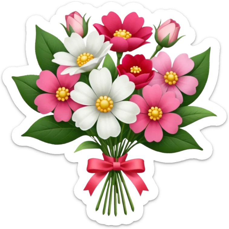 One pink flower and one white flower in transparent bouquet with red band  sticker