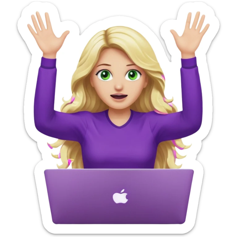 lady with long wavy blonde hair, purple top, green eyes, throwing her with a purple mac laptop hands in the air crying sticker