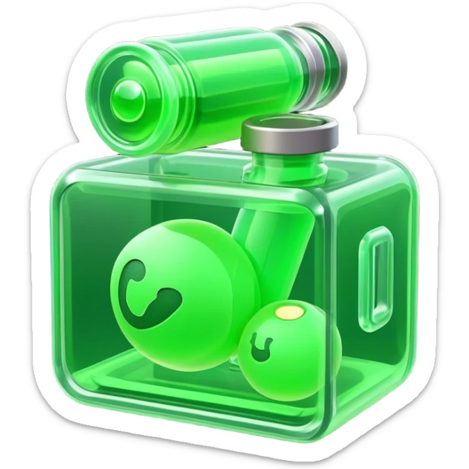Clash of Clans aesthetic: Cinematic Playful Sci-fi green health pack Emoji, rendered in a 3D vector-style similar to standard emojis with minimal shading and bold, simplified shapes. A compact, futuristic vial with a glowing neon liquid and sleek contours, softly glowing with a healing cosmic charm. Simplified yet unmistakably iconic, highly detailed and consistent, glowing with a soft radiant glow and high shine. Stylized with a touch of futuristic alchemy and a soft glowing outline, capturing the essence of a vital energy elixir with a playful, interstellar spirit! sticker