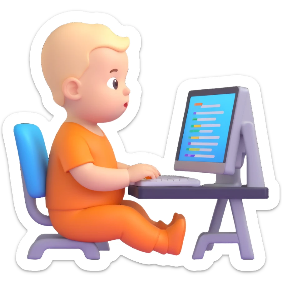 a baby sitting in front of a computer monitor, typing, surrounded by colorful code snippets sticker