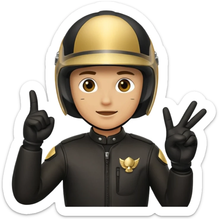 A motorcyclist in a black helmet with a golden visor flipping the bird sticker