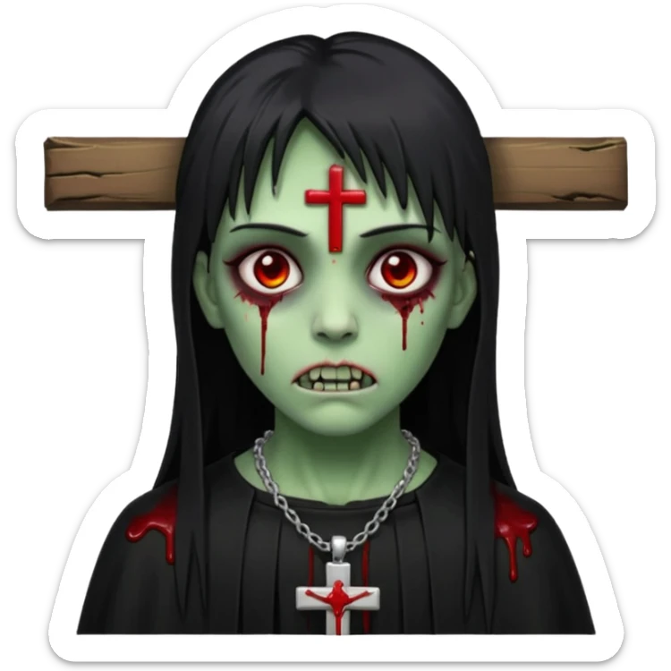 zumbi verde com olhos vermelhos sangrando e franja roupa preta e um crucifixo como colar sticker