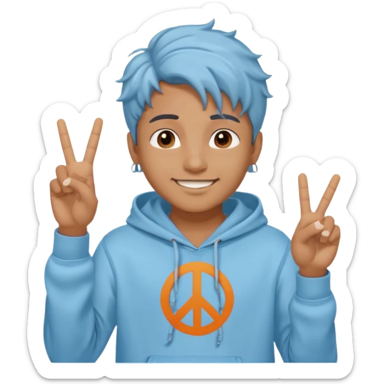 An indian boy in a light blue hoodie with wavy flow hairstyle showing peace sign sticker