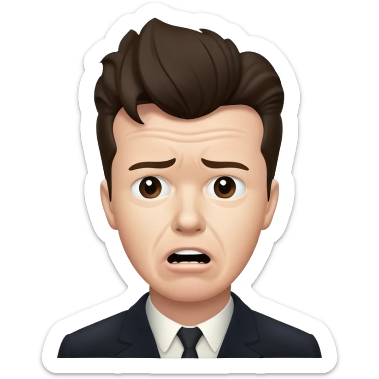 Rick Astley having a worried face but with front teeth out and the picture is from the era of the beginning of cameras(1826)-the 1940s sticker