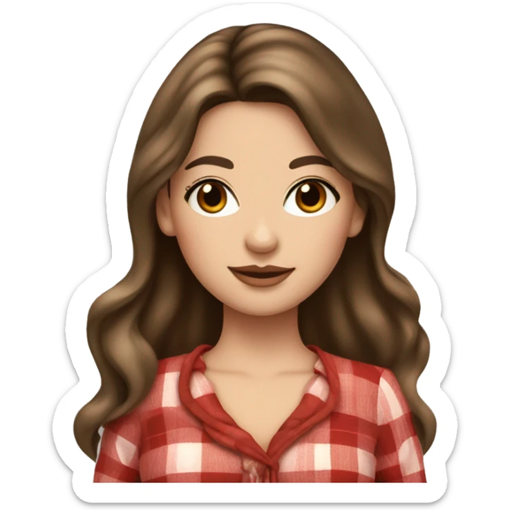 Pretty peach skin brunette woman with long hair and rosy cheeks in red plaid babydoll dress sticker