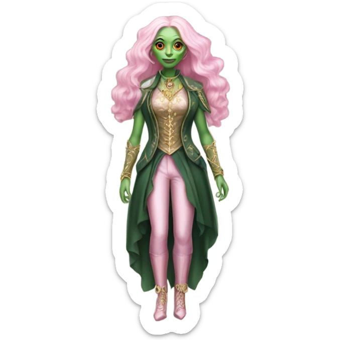 a green amazon alien woman in Victorian white gold pink hair full body  sticker