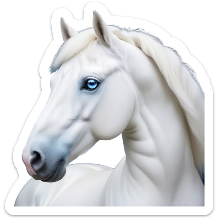 Cinematic Noble White Horse Portrait Emoji, Poised and regal, with a strong, athletic build and a pristine, well-groomed pure white fur, deep-set soulful blue eyes, Simplified yet sharp and sophisticated features, highly detailed, glowing with a soft, dignified glow, high shine, intelligent and majestic, stylized with an air of ethereal grace, focused and attentive, soft glowing outline, capturing the essence of a watchful and confident steed, so majestic it feels as though it could gallop out of the screen with effortless authority! sticker