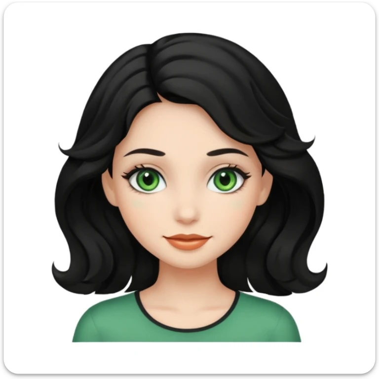 A girl with green eyes, black wavy hair with clean girl make up sticker