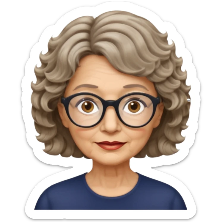 woman 70 years old, short dark blonde weavy hair, brown eyes and round dark glasses sticker