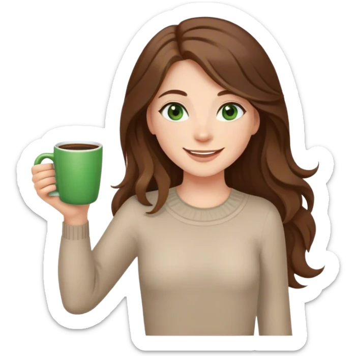 Long, Brown haired girl with middle hair part, with green eyes, smiling, waving with one hand, coffee mug in the other sticker