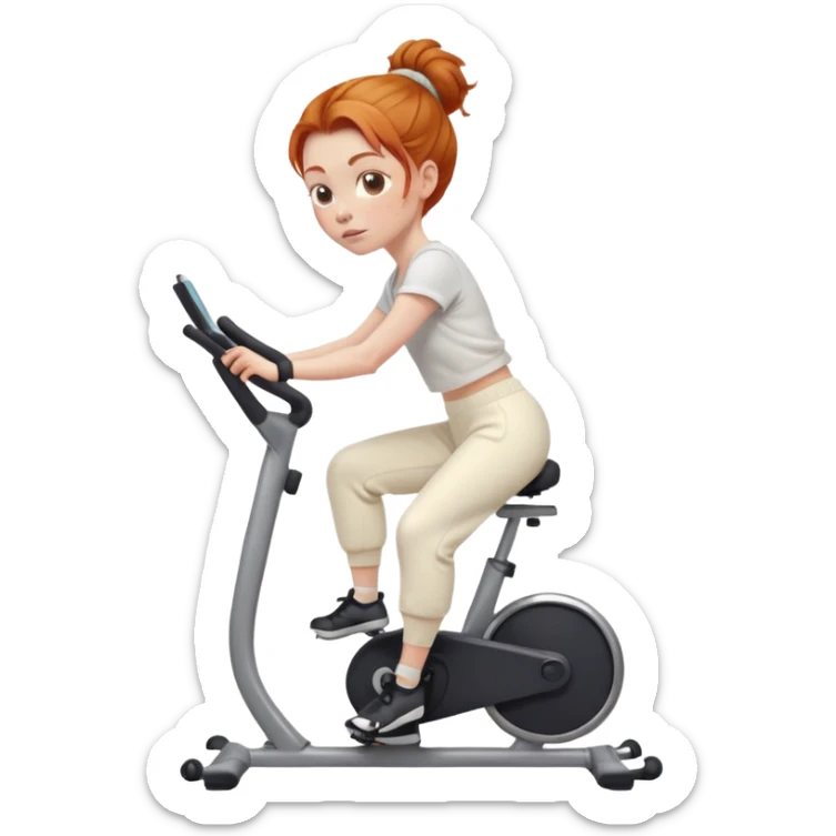 Fit Ginger girl big head messy bun riding stationary bike cream sweatpants sticker