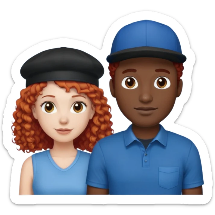 a couple a white woman with red curly hair and a black man in a blue shirt and black cap sticker