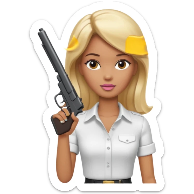 Brown skin blonde hair barbie wearing white shirt holding a black gun sticker