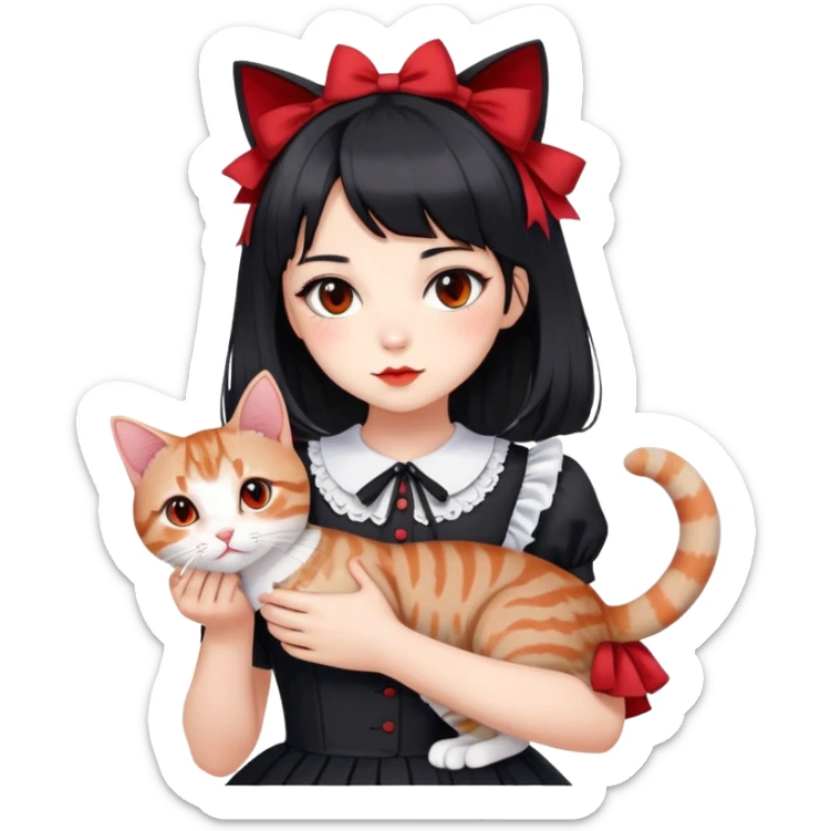 girl wearing black Lolita style dress, with medium-length black hair with red tips, and an American Shorthair tabby cat sticker