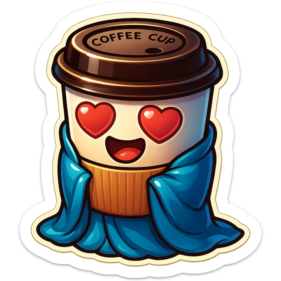 Ink wash style, coffee cup creature, big heart eyes, dopey smile sticker