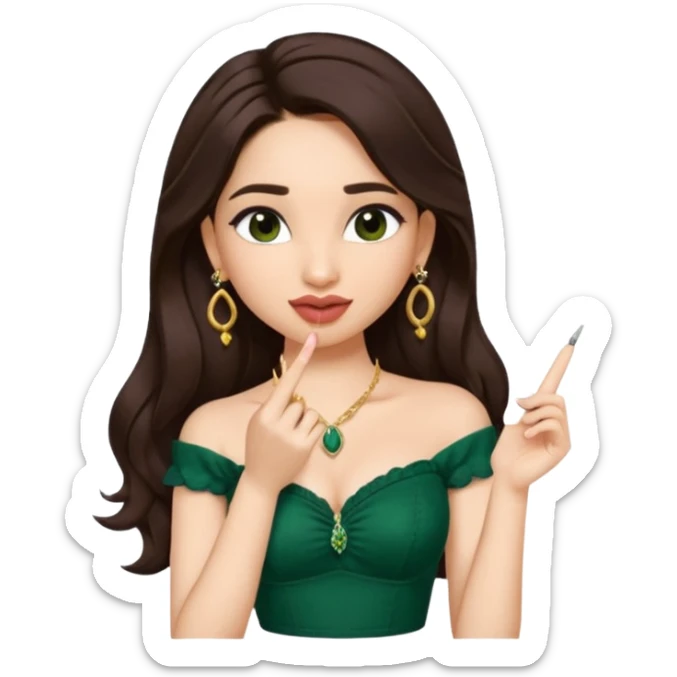 pretty bratz genmoji that looks like tamannah bhatia (bollywood actress), wearing a dark green sweetheart neckline top, dark brown hair, light makeup, no necklace, dangly earrings, side hair part, fair. dark brown eyes, long hair

Show her licking her finger  sticker