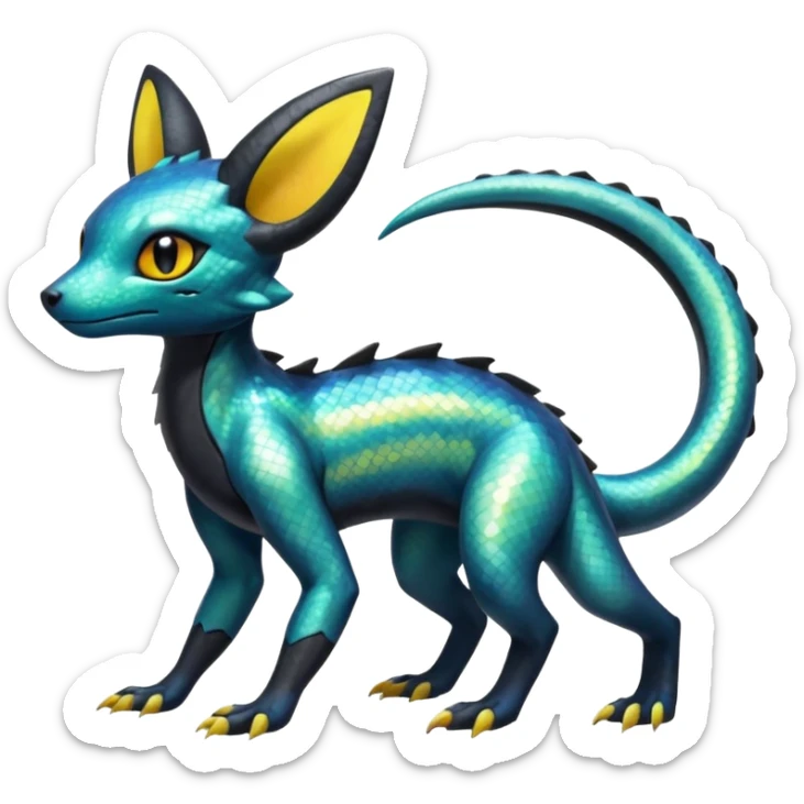  Scaley Shiny White Iridescent Colorful Exotic Salandit-Umbreon-Fakémon-hybrid-creature (full body)  sticker