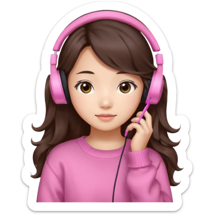 a asian japanese girl with wavy long silky brown hair and no bangs. the right side of hair is set on her shoulder she has a cute pink gaming headphones. she is wearing a cute pink sweater  sticker