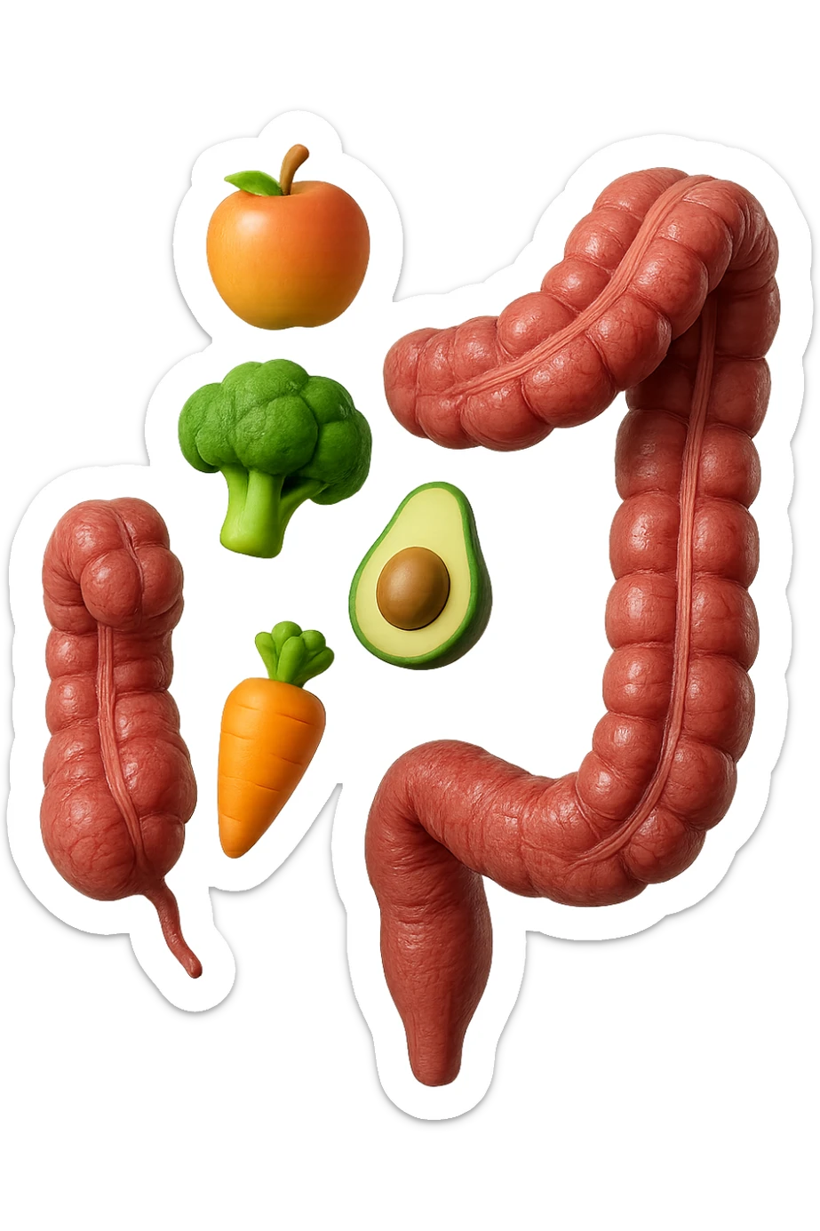 emoji stile iphone in 3d di cibo sano che fluttua in aria vericalmente insieme a pezzi di colon umano anatomico, iperrealistico 4k sticker