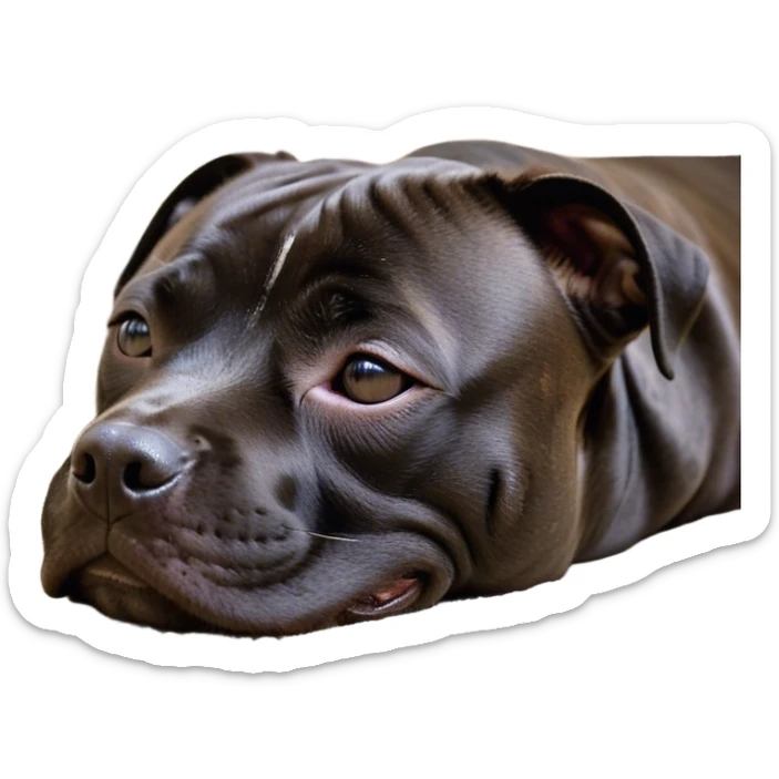 Meme-Worthy Cute Sleeping Black/Brindle Staffordshire Bull Terrier Portrait Emoji, Head resting peacefully with a contented smile, showcasing a delightfully compact build and a luxuriously soft Fur with an attractive black and brindle blend, eyes shut in a serene nap, Simplified yet hilariously adorable features, highly detailed, glowing with a soft, drowsy light, high shine, relaxed and utterly lovable, stylized with an air of playful laziness, bright and heartwarming, soft glowing outline, capturing the essence of a comically sleepy guardian, so meme-worthy it feels like it could instantly become the next viral sensation of adorable slumber! sticker